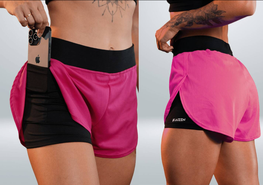Shorts Compressão 2 em 1 Feminino com Forro de Compressão Antissaduras e Bolso Interno Cós Elástico Ajustável para Treino Corrida Fitness