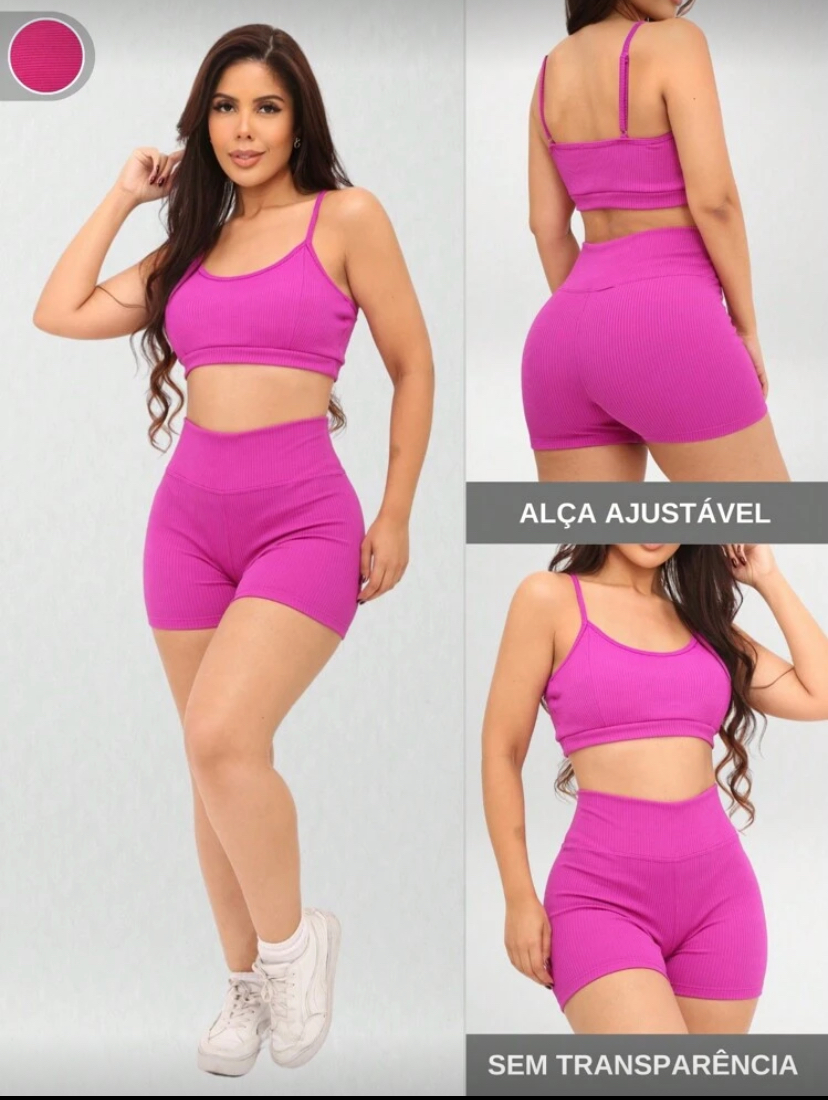 Conjunto Short e Top Alcinha Canelado Feminino Roupa Academia Fitness Esportivo Treino